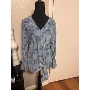 Juicy Couture Blue Tie Dye V-Neck Top - Knot Front & Ruffle Bell Sleeves Size XS